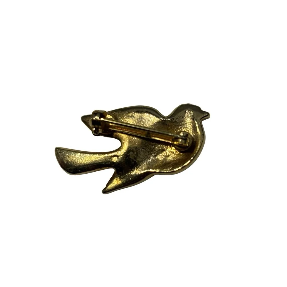 Vintage Gold Tone Sparkly Brushed Cream Enamel Peace Dove Bird Brooch Pin